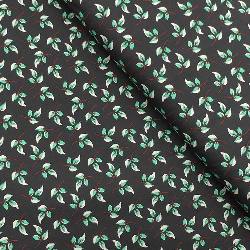 Tissu Coton Imprimé Feuille Fond Noir