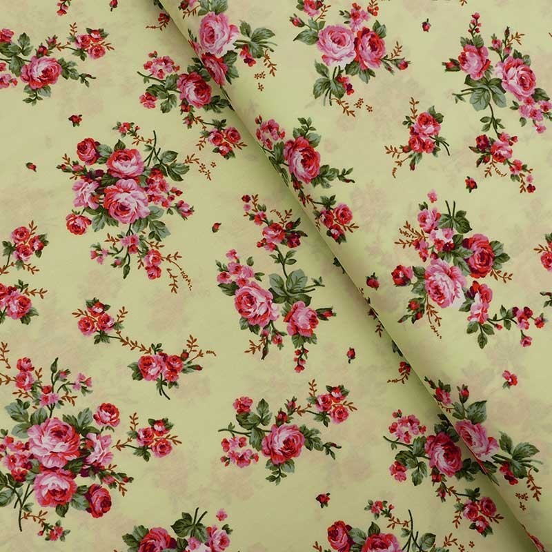 Tissu Popeline Rose Fond vert