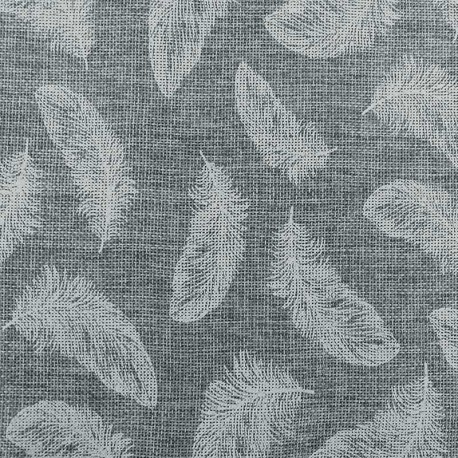 Tissu Toile de Jute Imprimé Plume Blanc 