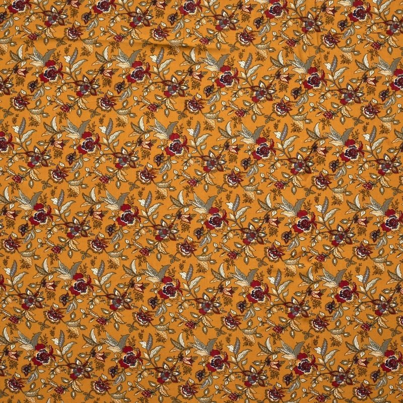 Tissu Viscose Imprimé Fleur Fond Moutarde 