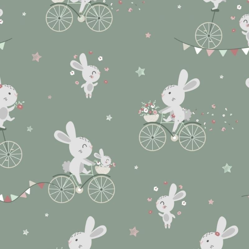 Tissu Imprimé Bio Bunny Lapin Fond Vert 