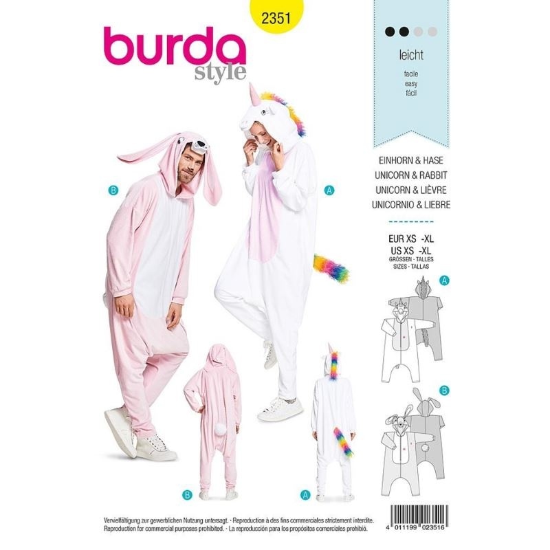 Patron 2351 Burda Carnaval Licorne lievre Xs/xl