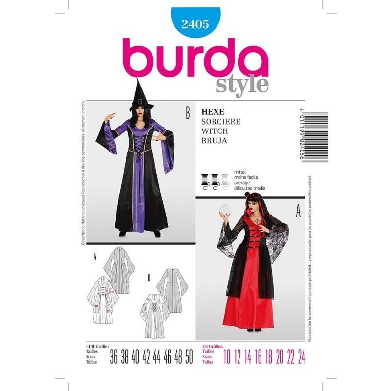 Patron 2405 Burda Carnaval Robe Moyen Age,sorciere,voyante 36/50