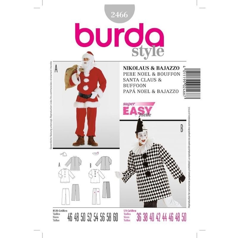 Patron 2466 Burda Carnaval Pere Noel, Pierrot 46/60