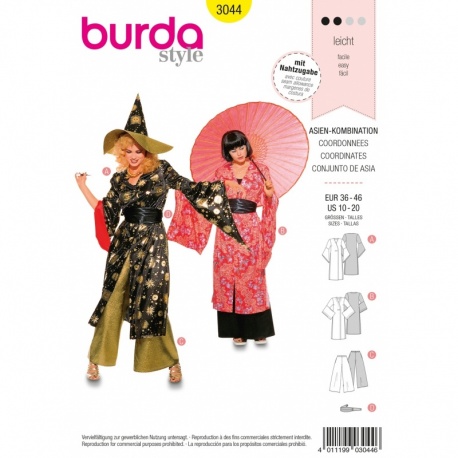 Patron Burda 3044 Carnaval Costumes Asiatiques 36/46