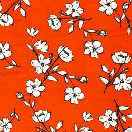Tissu Toucher Crepe Imprimé Floral Orange