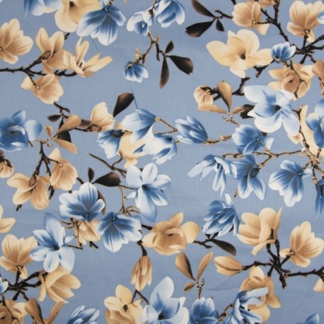 Tissu Coton Support satin Imprimé Fleurs Sable bleu