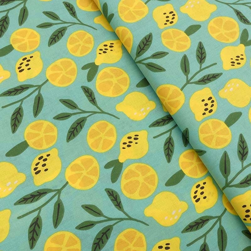 Tissu Cretonne Imprimé Citron Bleu 
