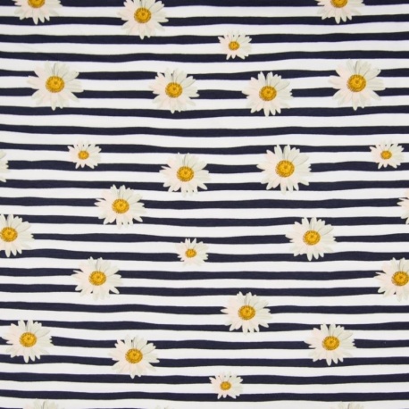 Tissu Jersey Coton Imprimé Marguerite Blanc