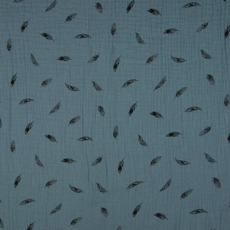 Tissu Double Gaze Plumes Bleu 