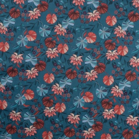 Tissu Voile de Coton Imprimé Fleurs Fond Bleu 