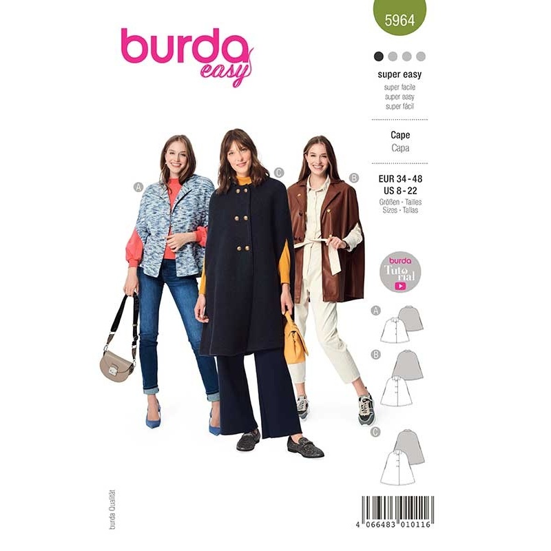 Patron 5964 Burda Style Cape Avec Fentes de Manche et Petit Col 34/48