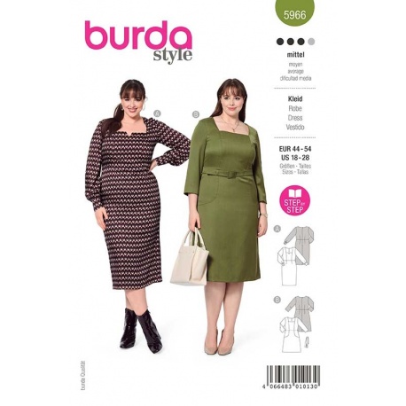 Patron 5966 Burda Style Robe Encolure Carré et Coutures de Decoupe 44/54