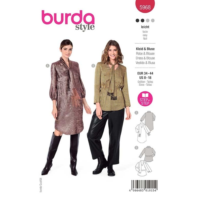 Patron 5968 Burda Style Robe/blouse Encolure en V 34/44
