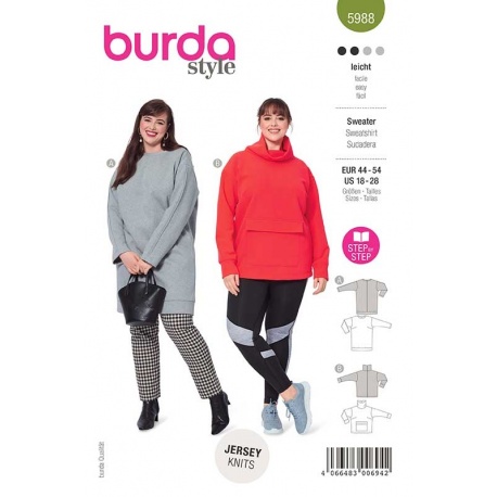 Patron 5988 Burda Style Sweater Avec Bordure D'encolure Ou Col RoulÉ 44/54