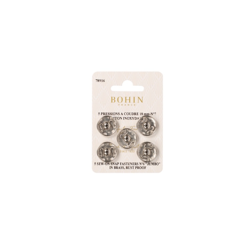 5 Boutons Pression à Coudre Laiton Argent 18mm Bohin
