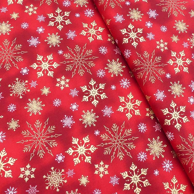 Tissu Coton Noël Imprimé Flocons Rouges 