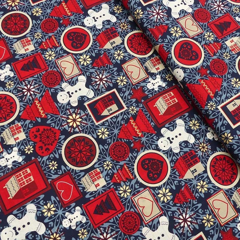 Tissu Coton Noël Imprimé Biscuits Marine 