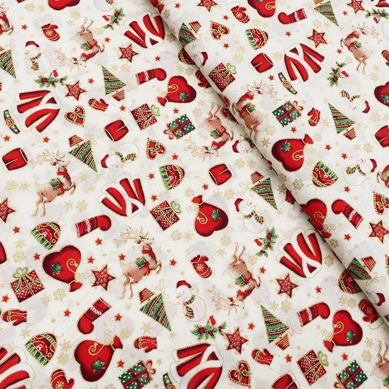 Tissu Coton Noël Imprimé Ecru 