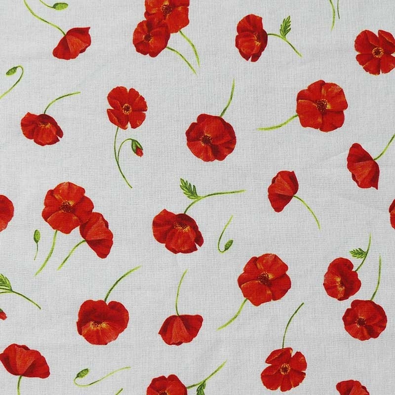 Tissu Cretonne Enduite Coquelicot Ecru 