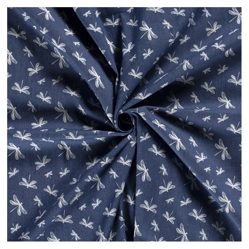 Tissu Jeans Bleu Imprime Libellule