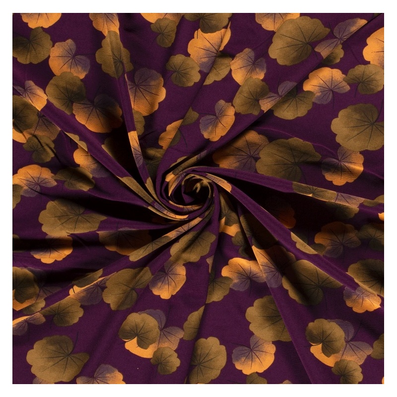 Tissu Crepe Imprime Violet Feuilles