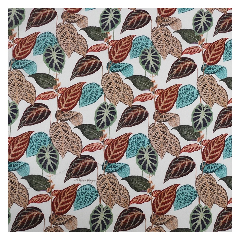 Tissu Popeline Digitale Congo Hojas Imprime Blanc