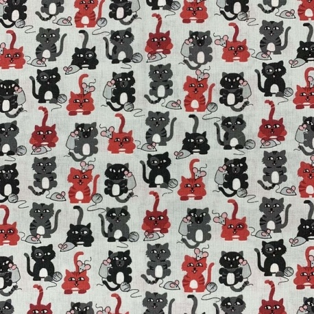 Tissu Cretonne Kitty Gris rouge 