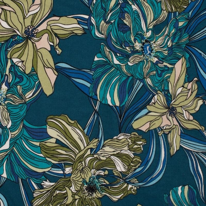 Tissu Viscose Support Jersey Imprimé Fleurs Pétrole 