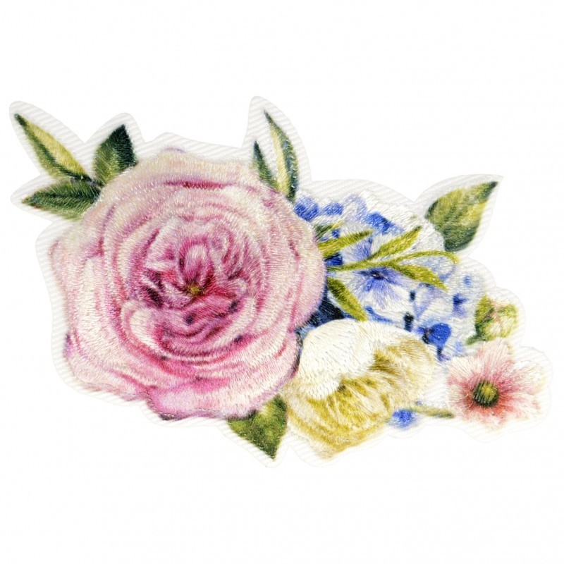 Écusson à Repasser Brodé - Motif Fleurs Rose Et Jaune - Hauteur 9 Cm - Neuf