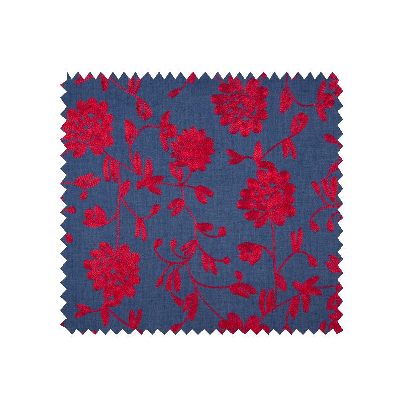 Tissu Chambray Brodé Clooney bleu et rouge