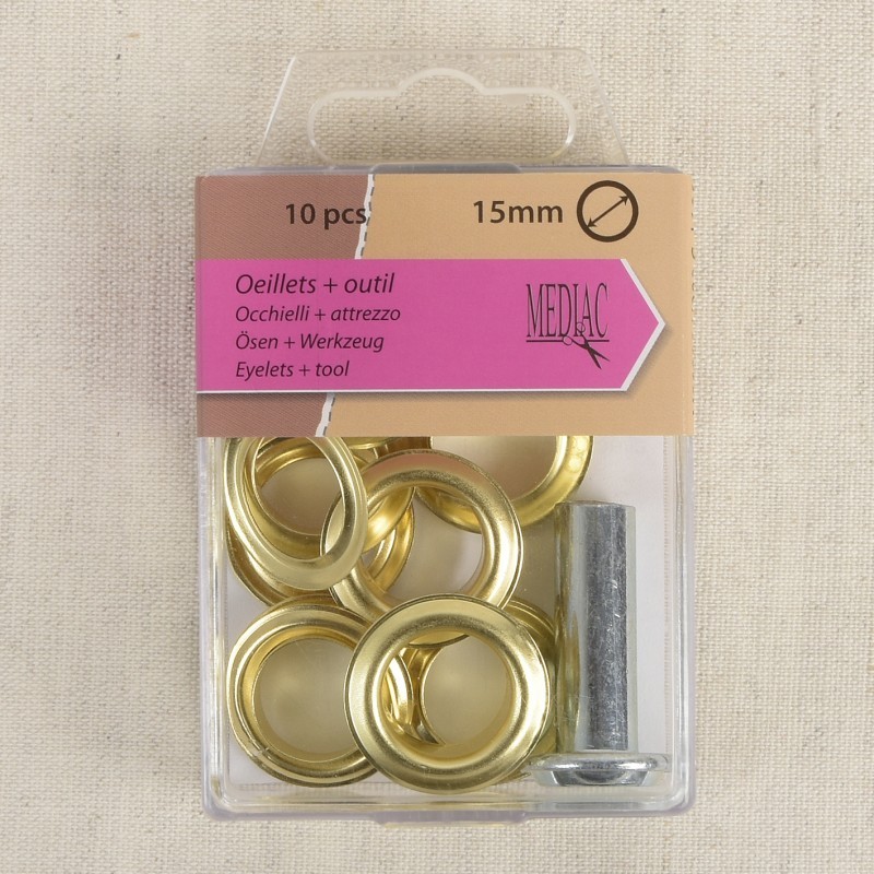 10 oeillets avec outil de pose - 15mm - Or - Œillets Couture